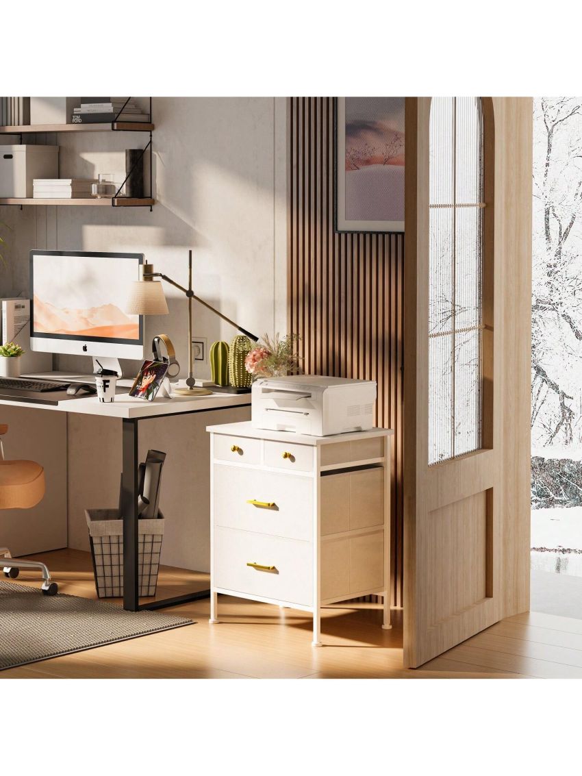 GINRGINR White Nightstand with Different Size Drawer, Bedside Table with 4 Fabric Drawers of Faux Leather, Modern Night Stand End Table for Bedroom, White, 13.7