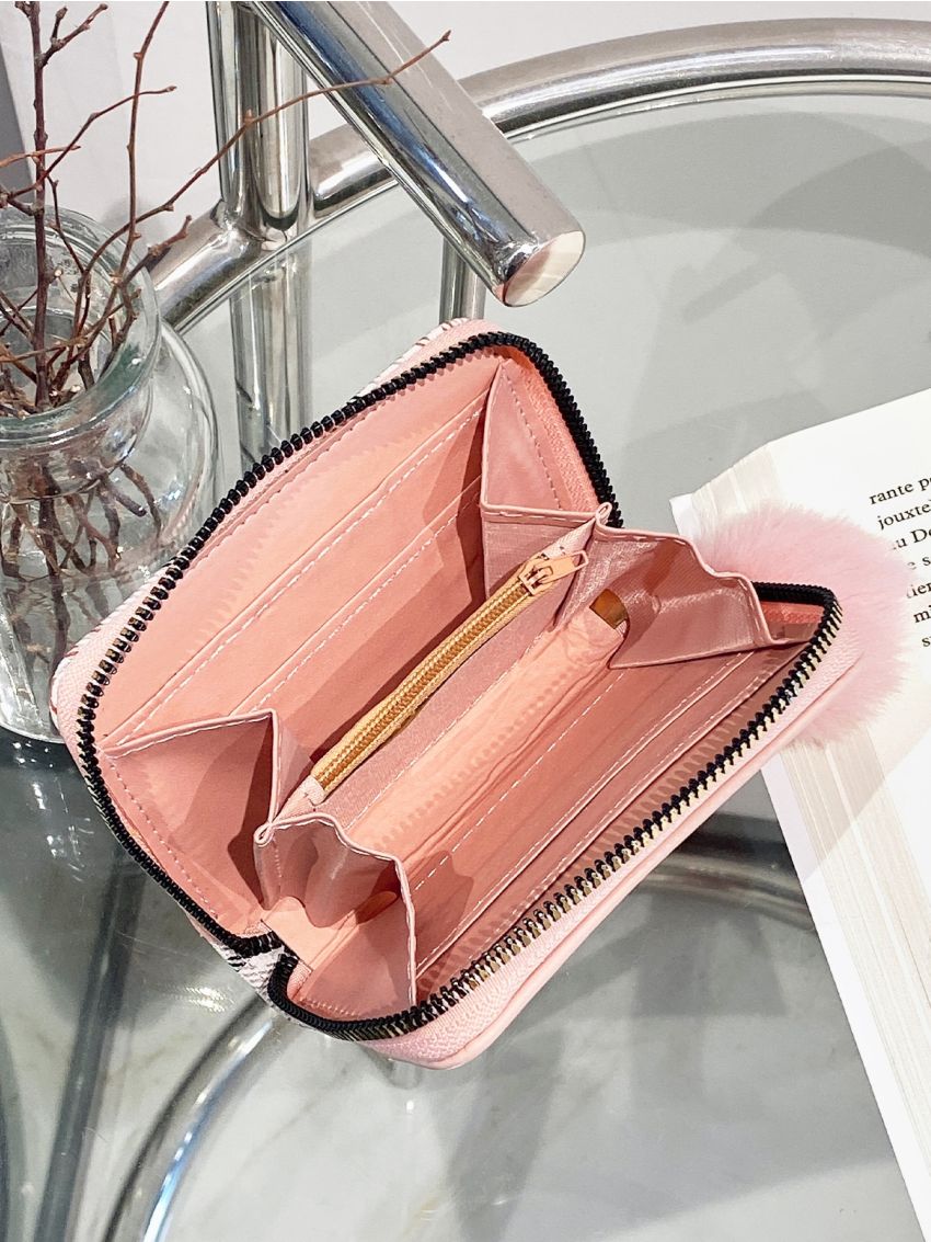 Pom Pom Decor Plaid Pattern Coin Purse