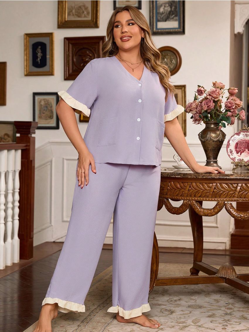 Plus Size Women's Pajama Set With Ruffle Hem Details