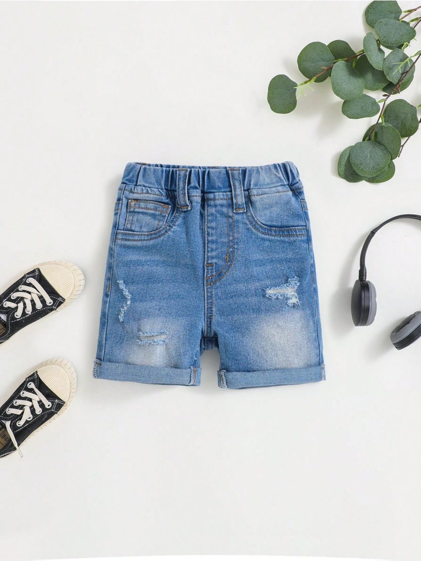 SHEIN Baby Boy Elastic Waist Blue Washed Ripped Summer Denim Short Cuffed Hem Jeans Shorts