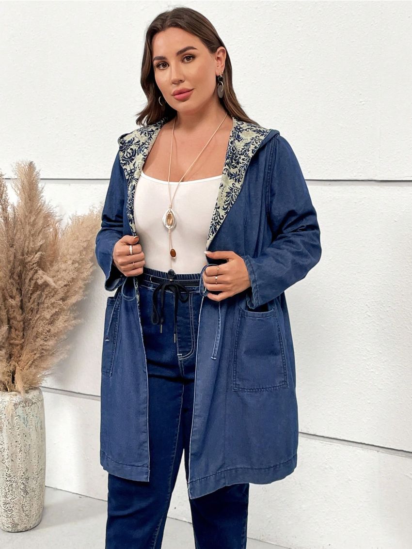 EMERY ROSE Plus Drawstring Waist Dual Pocket Hooded Denim Coat