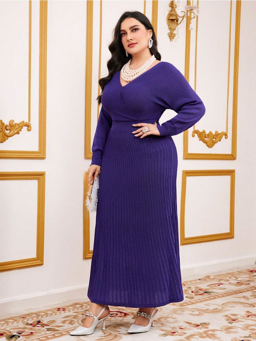 SHEIN Modely Plus Size Solid Color Wrap Knitted Sweater Dress