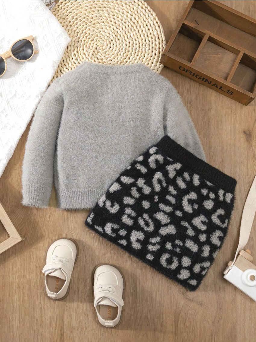 Infant Girls' Comfortable Leopard Print Skirt & Sweater Outfit Set, Winter