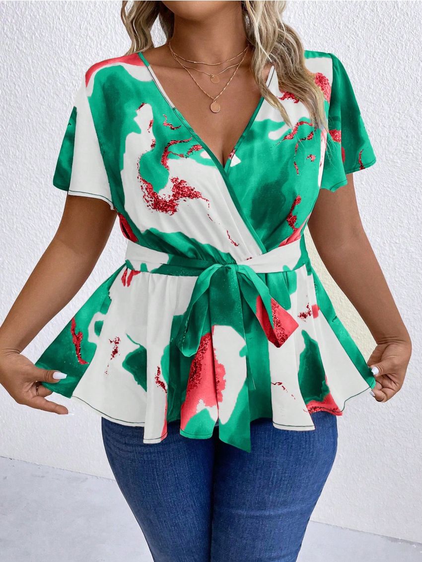 SHEIN Essnce Plus Graphic Print Belted Peplum Blouse