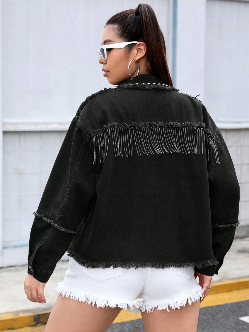 SHEIN ICON Plus Size Women's Denim Jacket With Fringe Hem