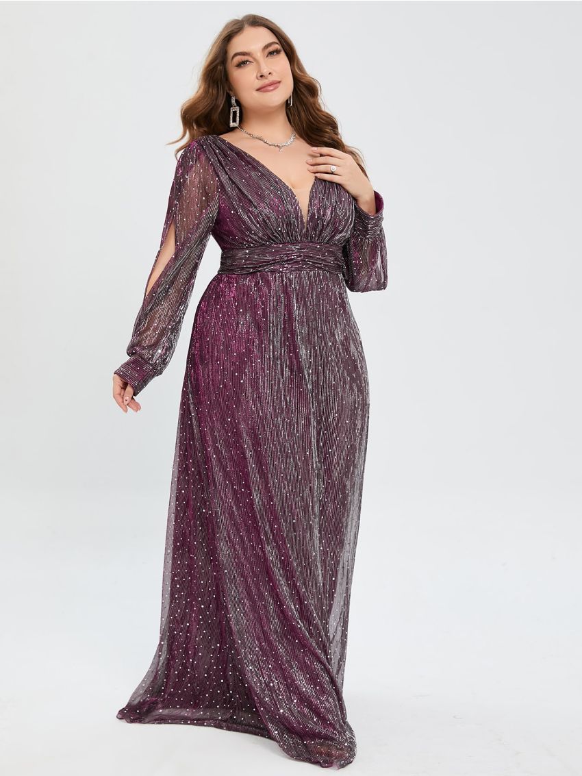Plus Plunging Neck Lantern Sleeve Glitter Formal Dress