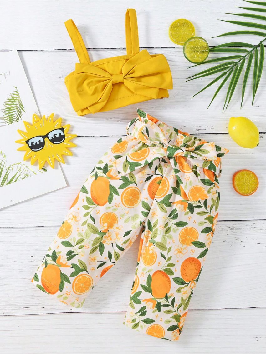 Baby Girl's Butterfly Knot Front Tank Top And Fruit Patterned Long Pants Summer Outfit (2pcs)
