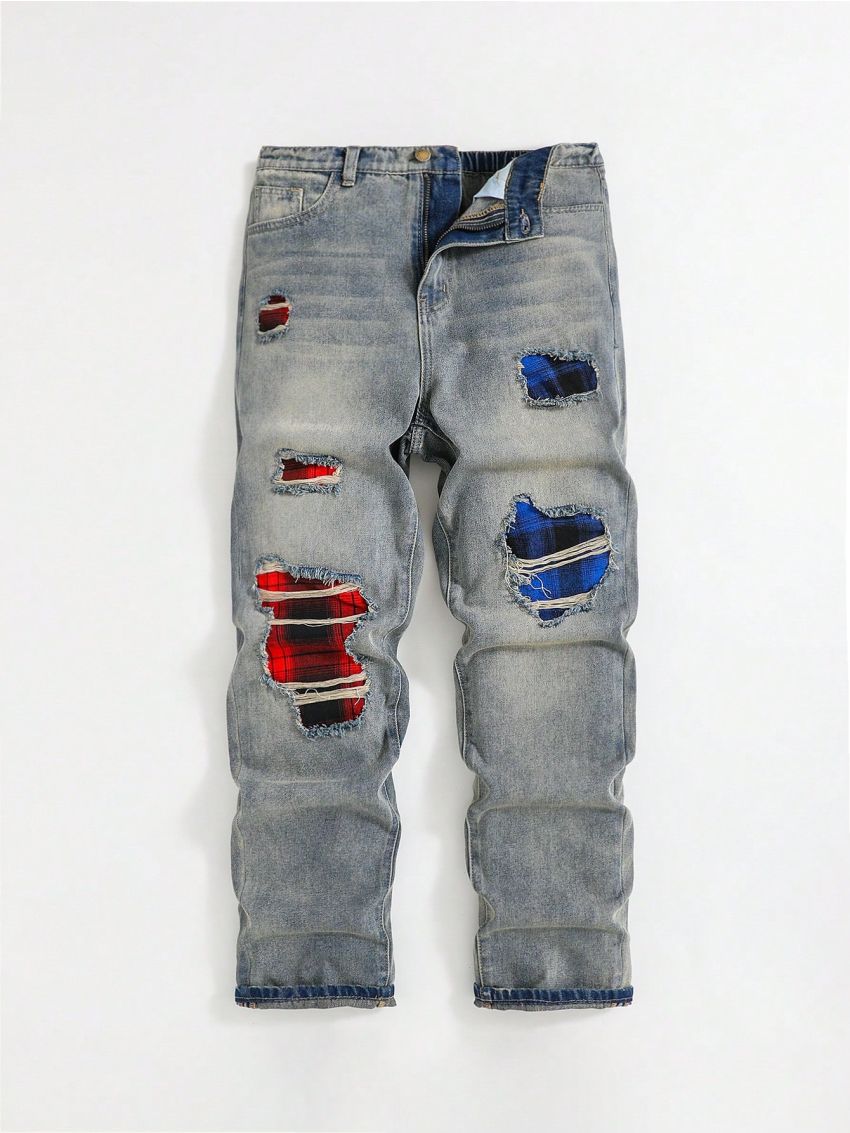 SHEIN Teen Boy Color Block Water Washed Ripped Casual Streetwear Jeans