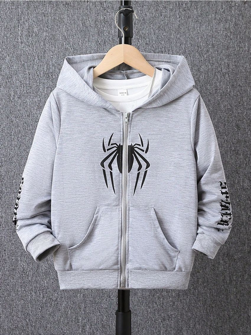 Tween Boys Letter & Spider Print Zipper Front Hoodie