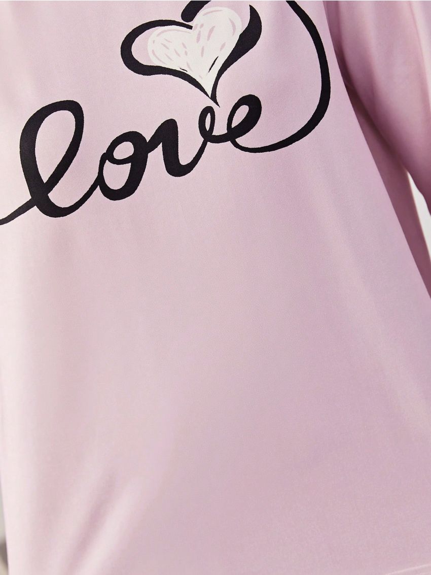 SHEIN Teenage Girls' Knitted Letter & Heart Pattern T-shirt And Long Pants Casual Home Outfit