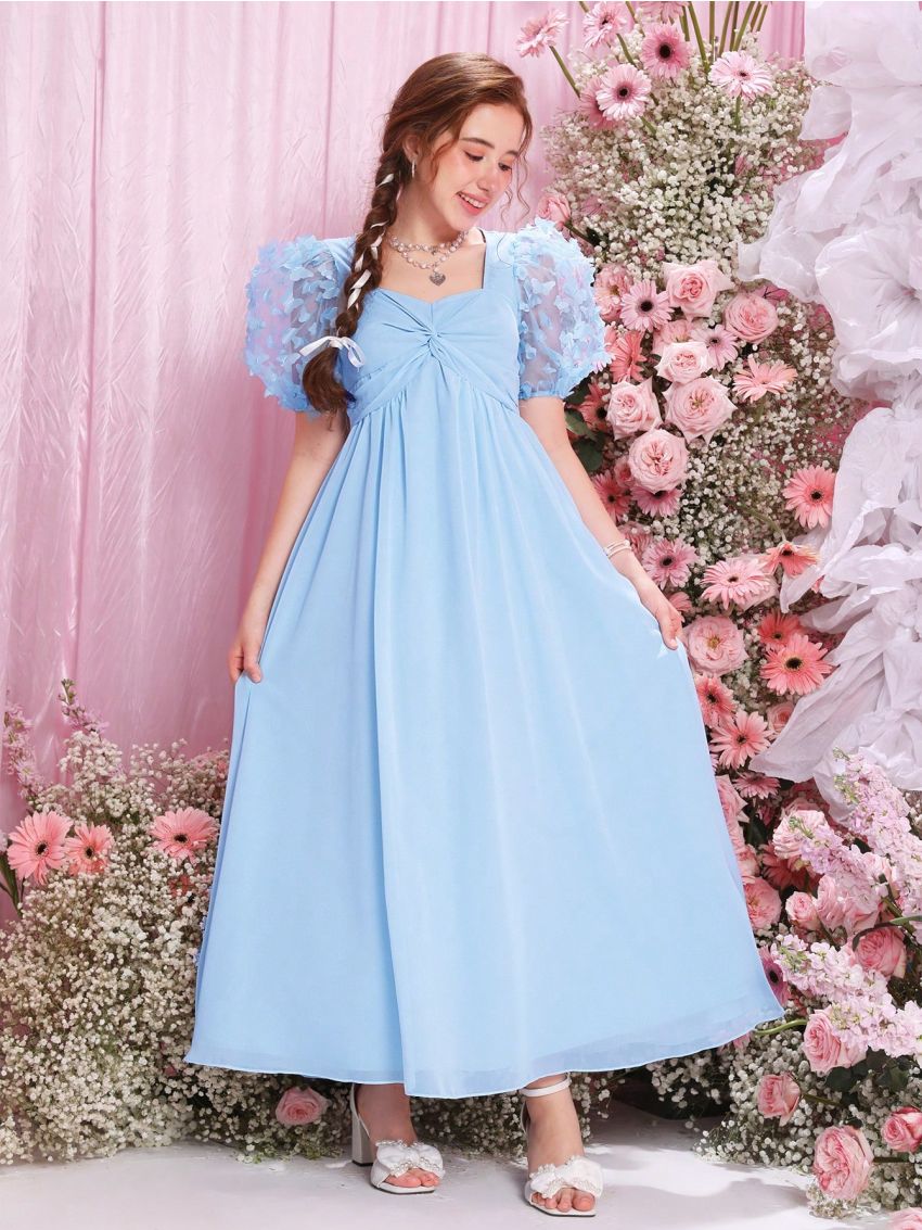 SHEIN Teen Girls' Woven Solid Color Spliced Butterfly Net Yarn Puff Sleeve Chiffon Dress