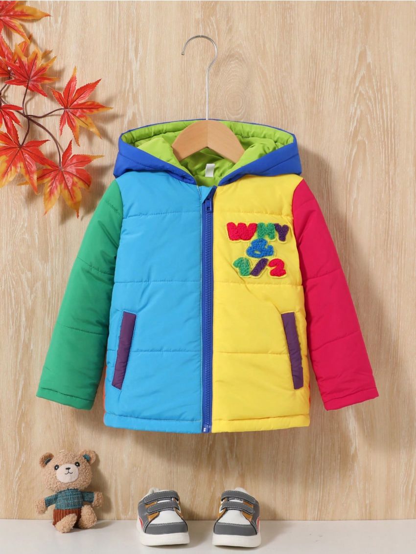 SHEIN Boys' Colorblock Hooded Jacket With Toweling & Embroidery Detail, Windproof And Warm For Casual Streetwear