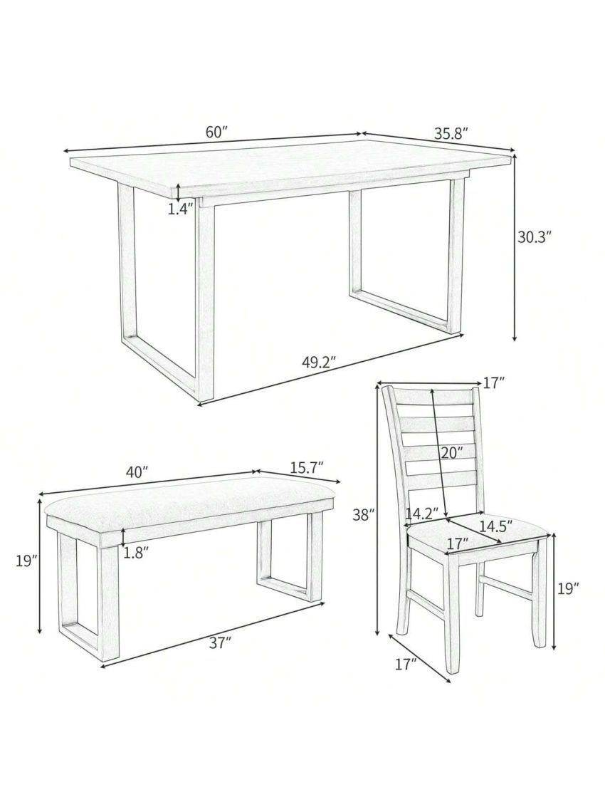 Merax 6-Pieces Family Furniture, Solid Wood Dining Room Set with Rectangular Table & 4 Chairs with Bench(Gray)