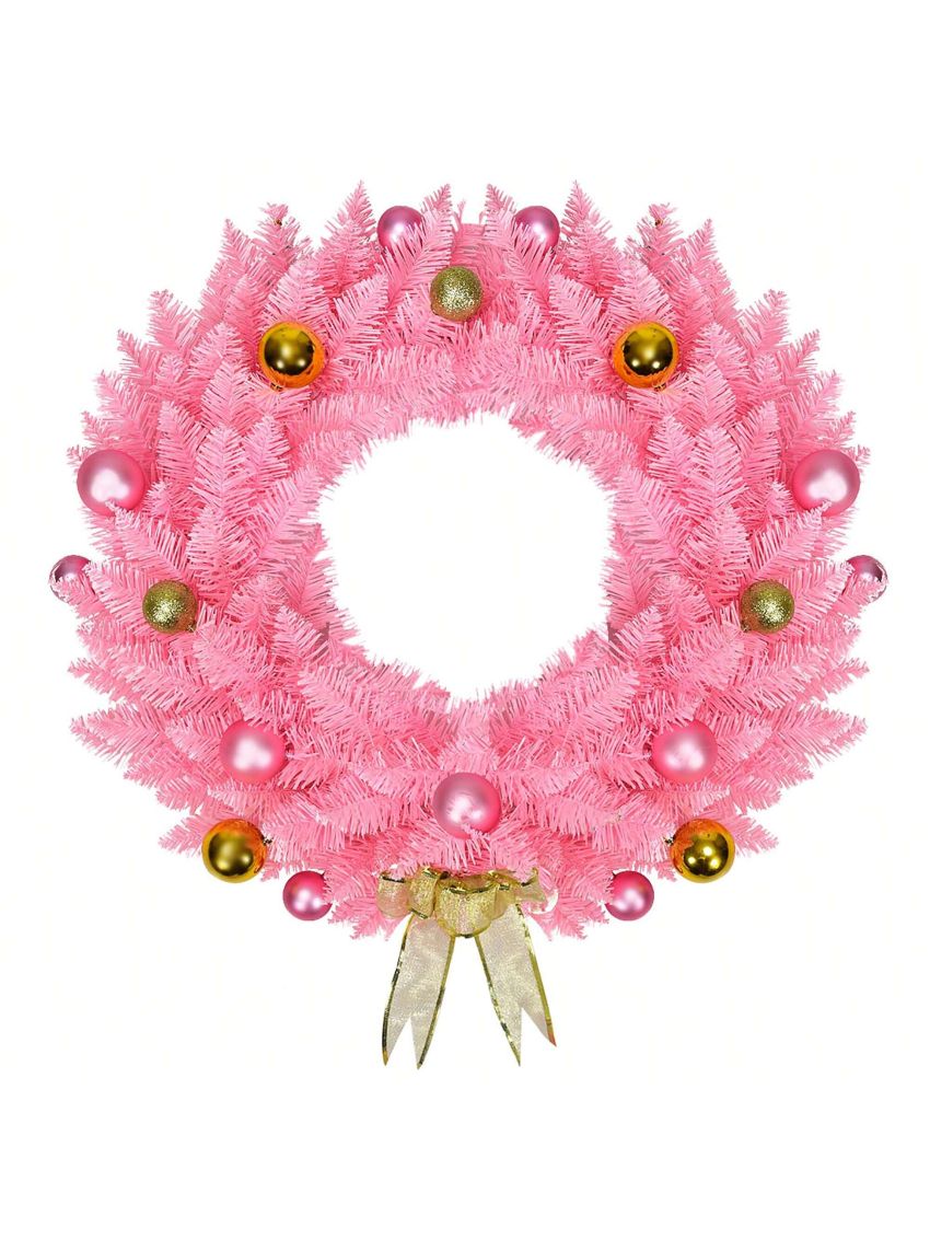 Costway 24'' Artificial PVC Christmas Wreath 140 Tips w/ Ornament Balls & Golden Bow Pink