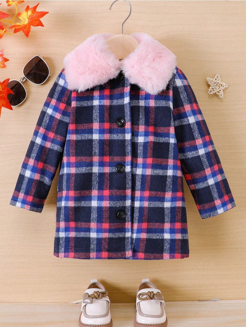 SHEIN Kids Y2Kool Toddler Girls' Sweet & Cool Plaid Woolen Coat For Autumn And Winter