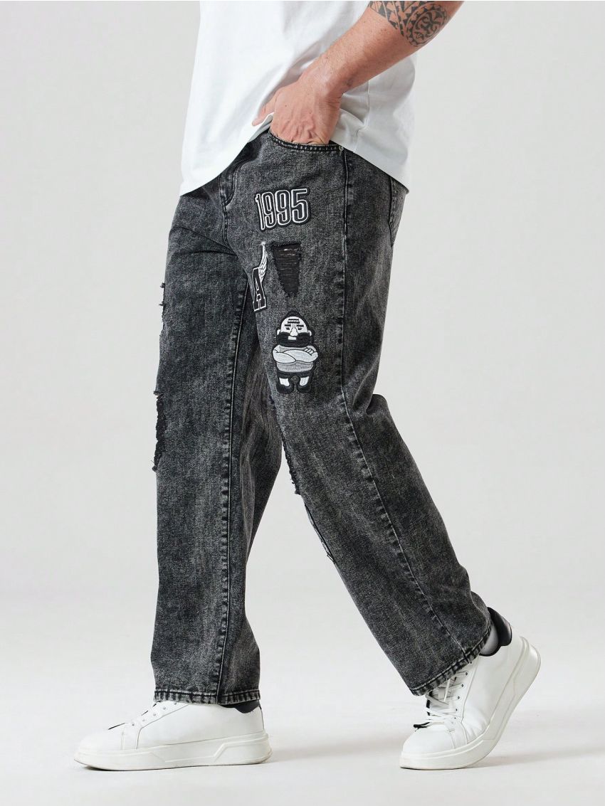 Men's Patch & Ripped Plus Size Jeans