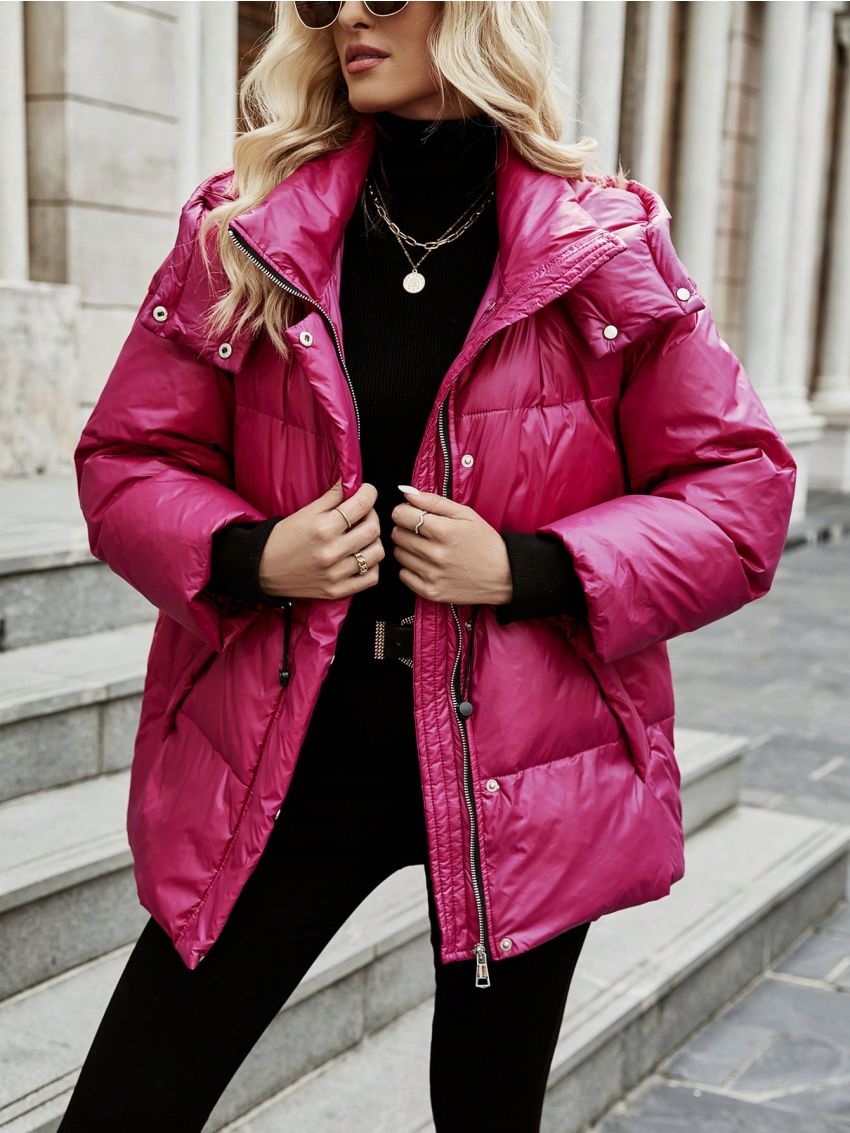 SHEIN Frenchy Drawstring Waist Drop Shoulder Zipper Hooded Down Coat