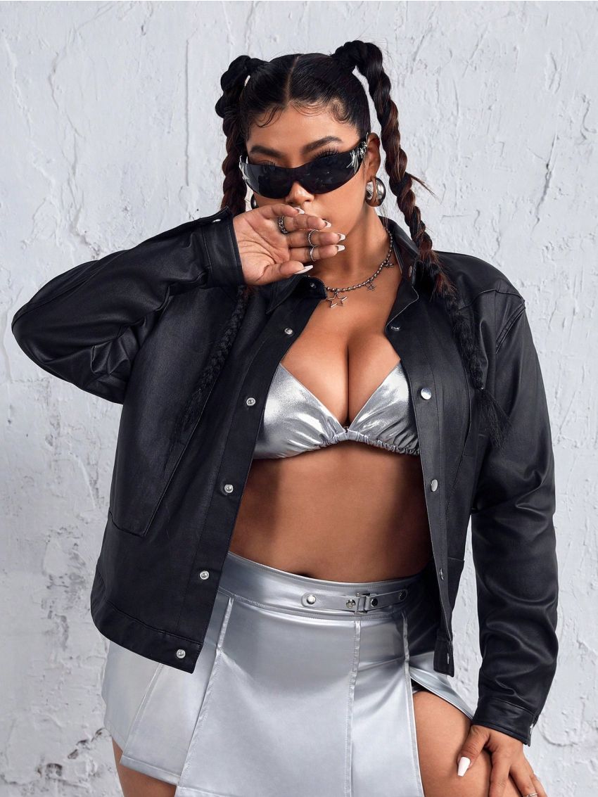 SHEIN LUNE Plus Size Solid Color Upward Buttoned Denim Jacket