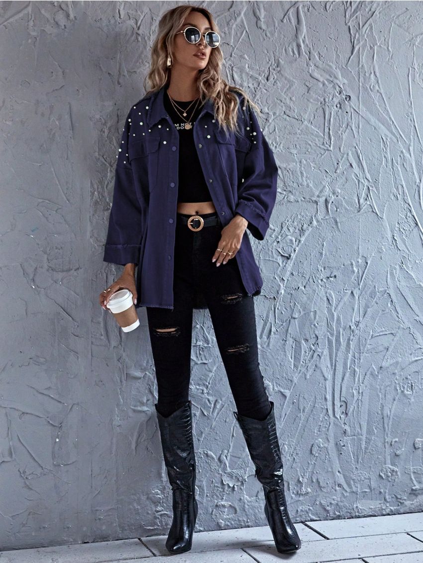 SHEIN LUNE Pearls Beaded Flap Pocket Drop Shoulder Coat