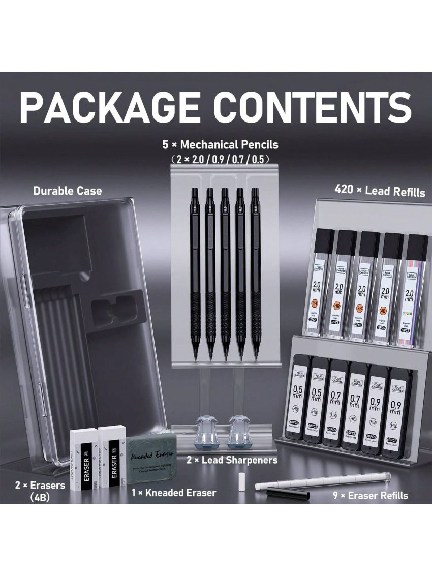 Mechanical Pencil Set Black, 3PCS Metal Lead Pencils 0.5, 0.7, 0.9MM & 2PCS 2MM Art Drafting Pencil Set (4B 2B HB 2H Color) with 420PCS Refills for Writing Sketching Drawing