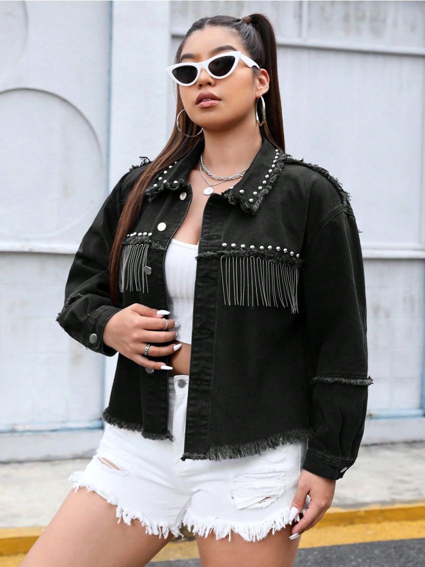 SHEIN ICON Plus Size Women's Denim Jacket With Fringe Hem