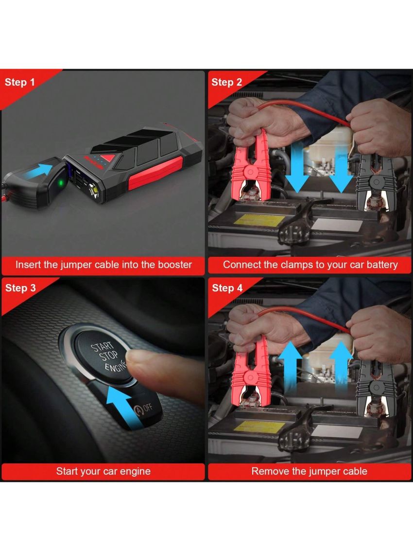 Portable,12V Car Battery Jump Starter Power Pack with USB Quick Charge (Up to 7L Gas or 5.5L Die Engine) Battery Booster with Built-in LED Light