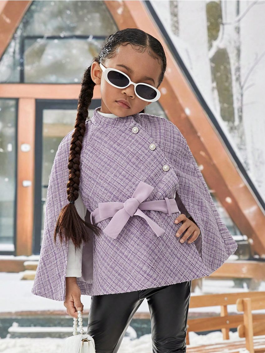 SHEIN Kids Cooltwn Young Girl Plaid Cloak Sleeve Belted Overcoat