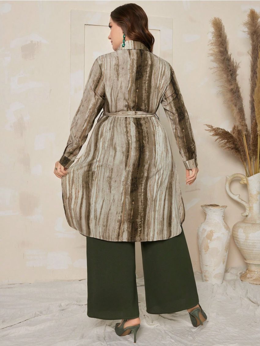 SHEIN Mulvari Plus Size Tie Dye Waist Belted Shirt And Wide Leg Pants Set