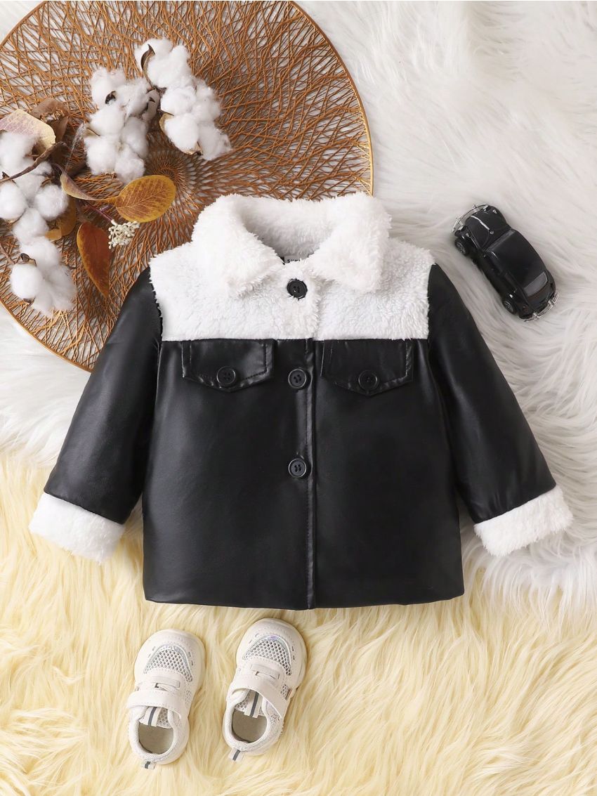 Baby Boys' Stylish, Warm Faux Leather Splicing Long Sleeves Coat, With Pockets And Wide-Fitting Design, Fall And Winter