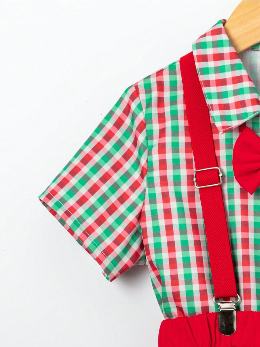 SHEIN Kids FANZEY Young Boy'S Pocket Front Plaid Short Sleeve Shirt And Suspender Shorts Gentleman Outfit Set