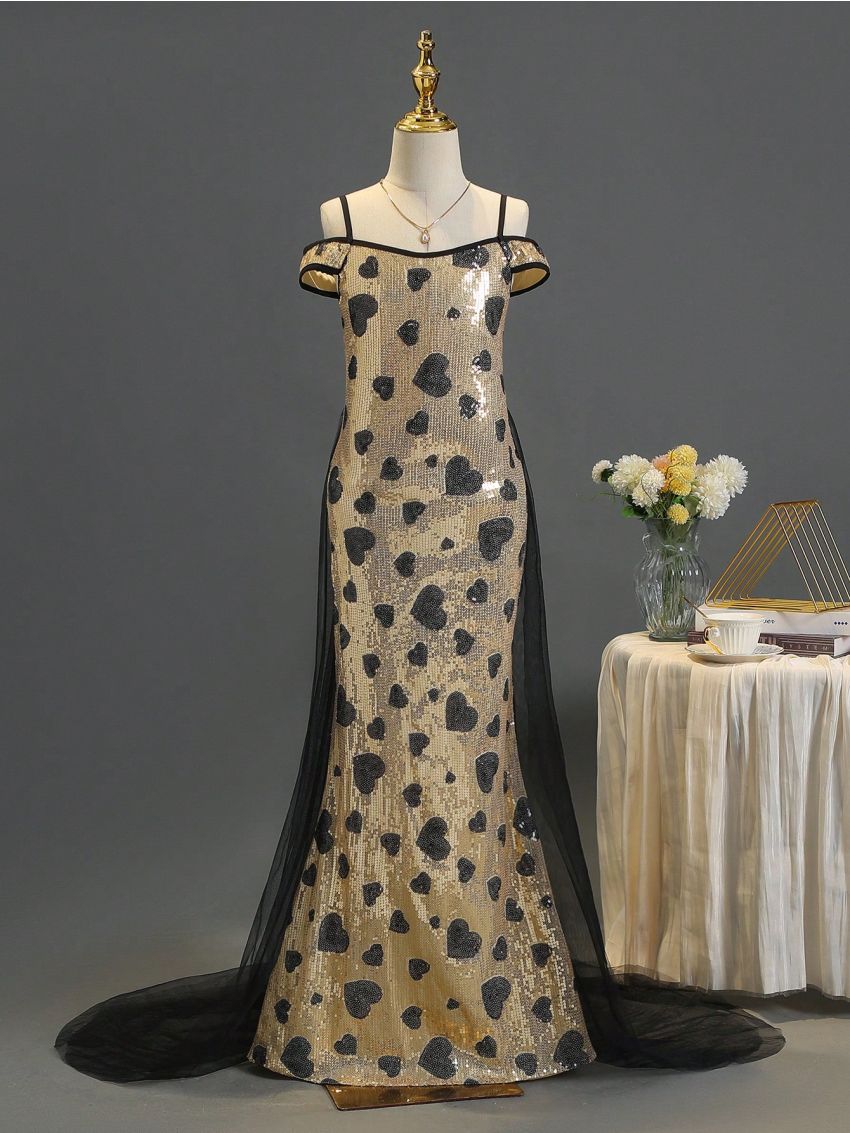 Girls' Maxi Sequined Heart Mesh Dress, Perfect For Performance, Wedding, Party