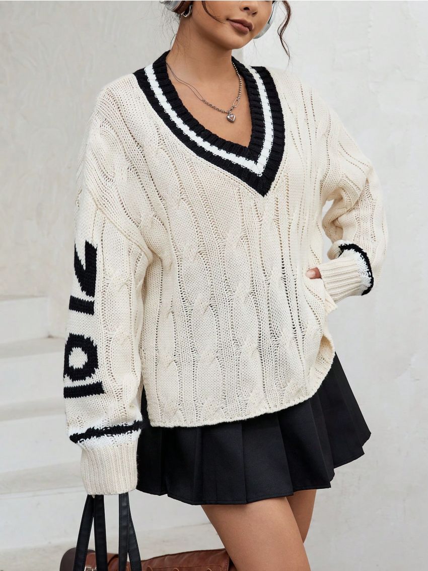 SHEIN Qutie Letter Pattern Striped Trim Drop Shoulder Cable Knit Sweater