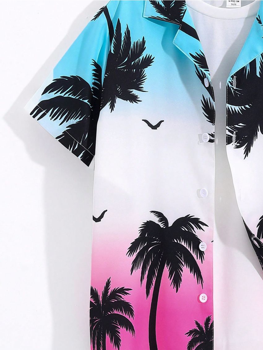 SHEIN Boys' Vacation Coconut Tree Printed Collared Loose Woven Shirt