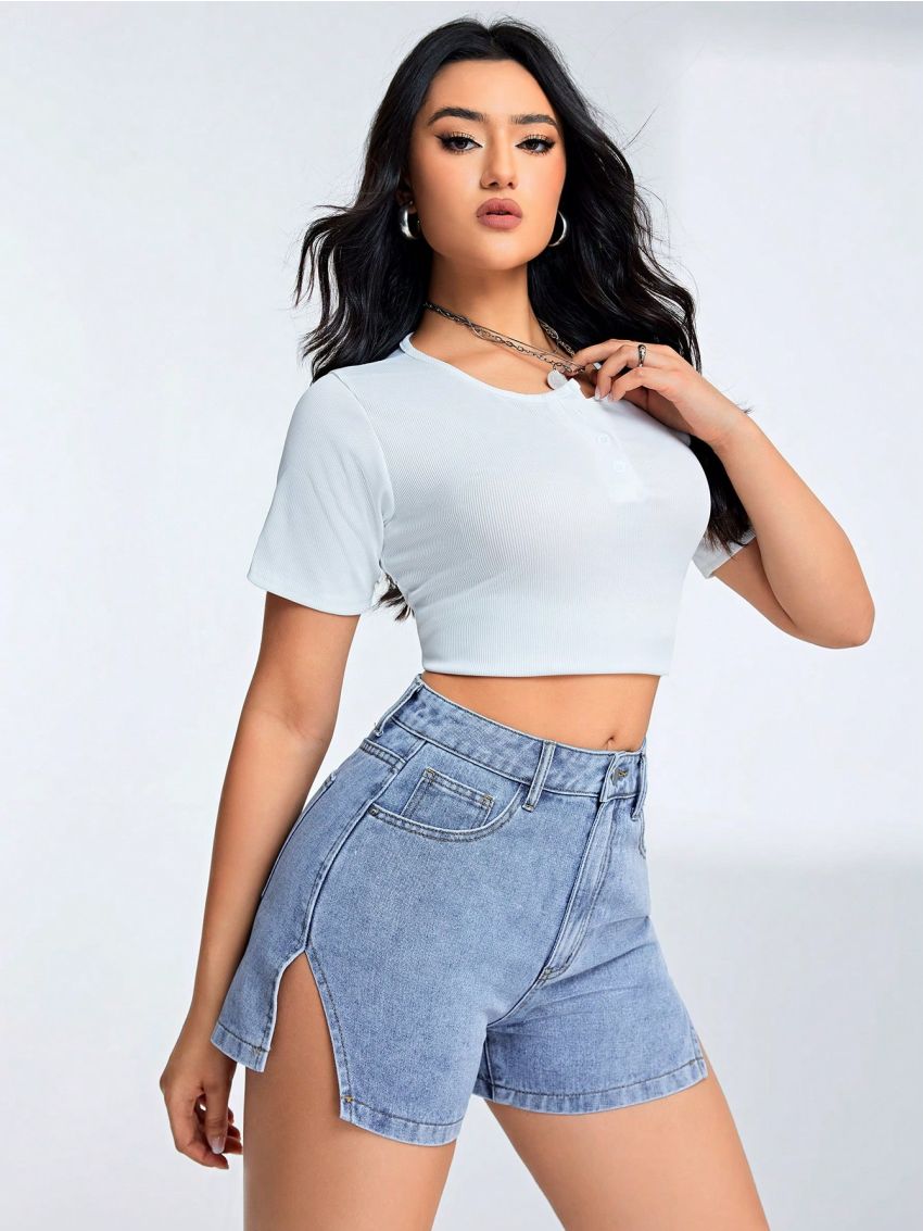 Water Washed Denim Shorts With Side Slit Detail