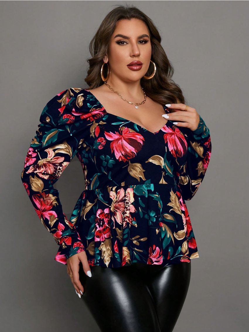 SHEIN Clasi Plus Floral Print Gigot Sleeve Peplum Tee