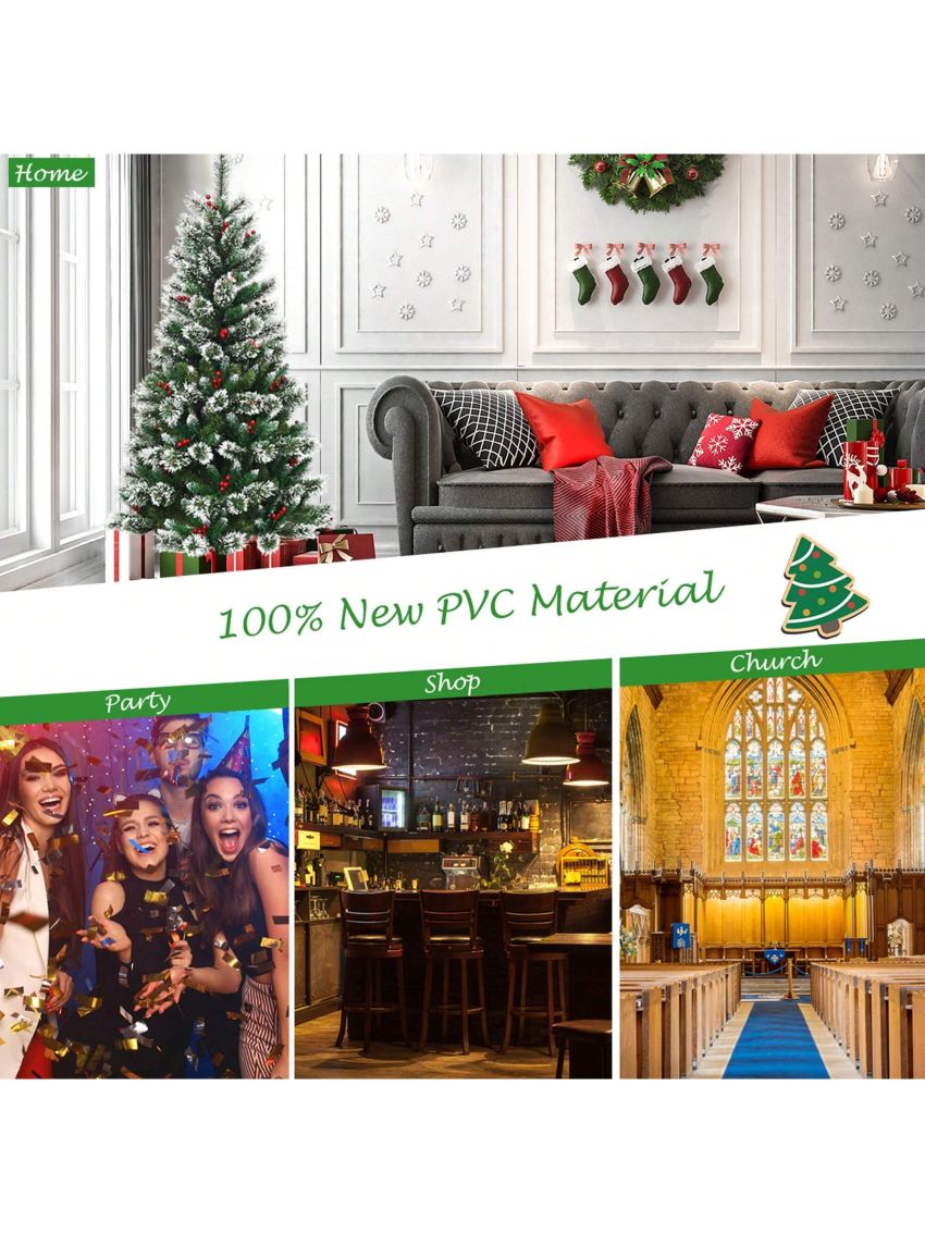 Gymax 6 FT Artificial Christmas Tree Snow Flocked Hinged Tree w/ Red Berries