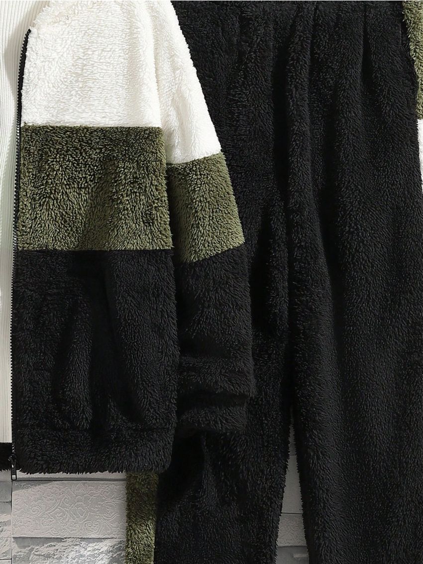 SHEIN Kids EVRYDAY Boys' Casual Hooded Zip-up Plush Jacket And Color Block Pants Outfit Set, Winter