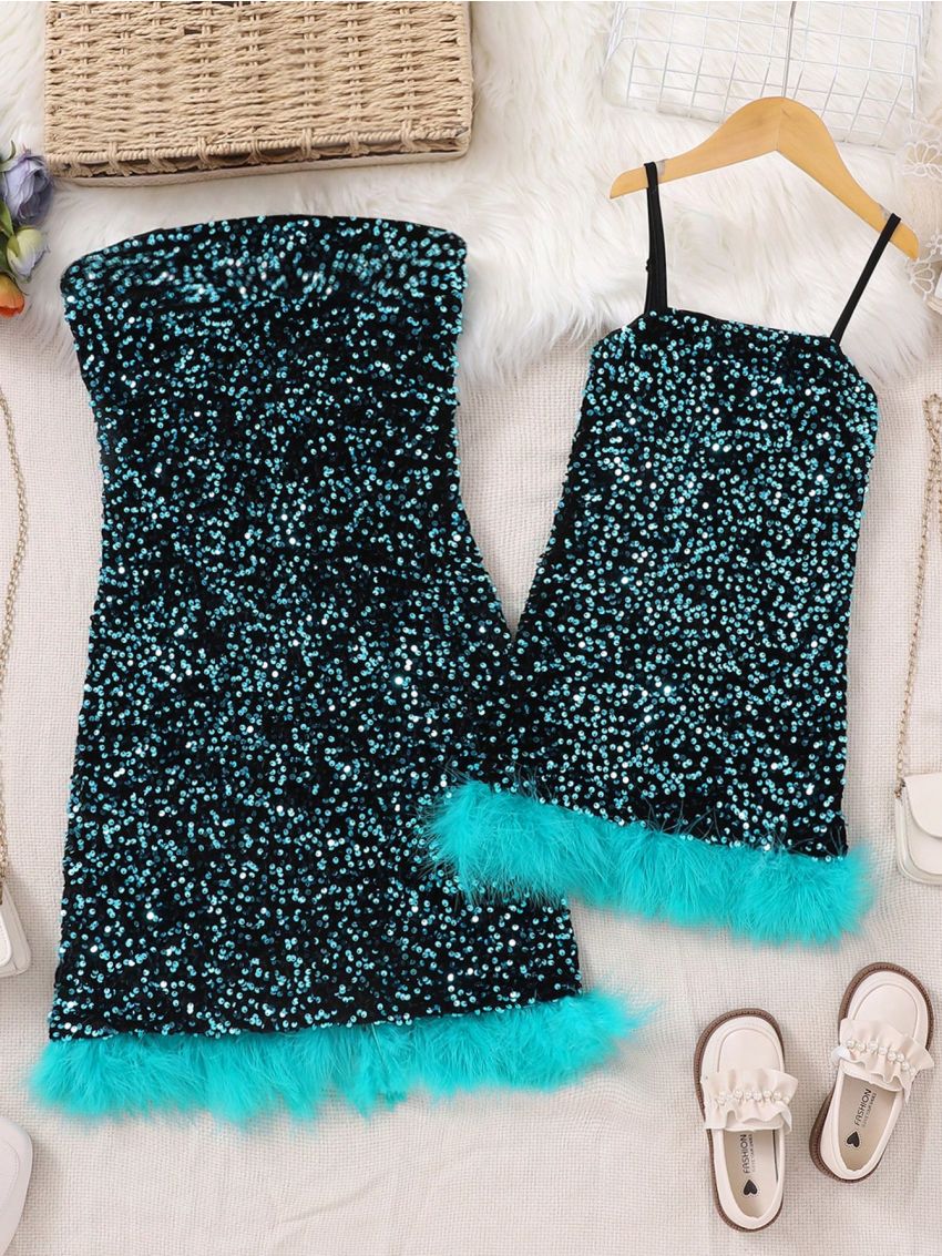 Patchwork & Sequin Decor Women's Evening Party Dress With Spaghetti Straps