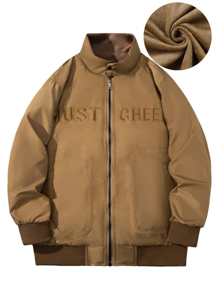 Manfinity Homme Men's Zip Front Fleece Jacket With Letter Embroidery