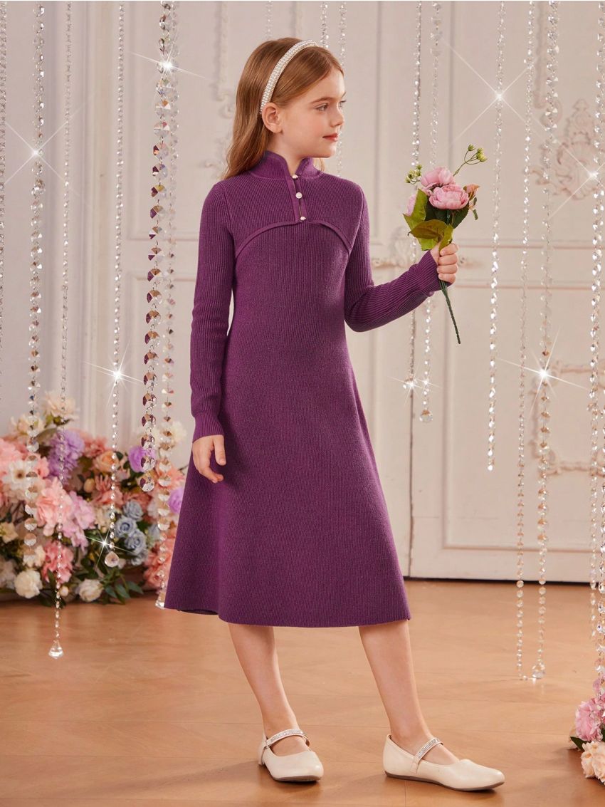 SHEIN Tween Girl 1pc Button Front Sweater Dress