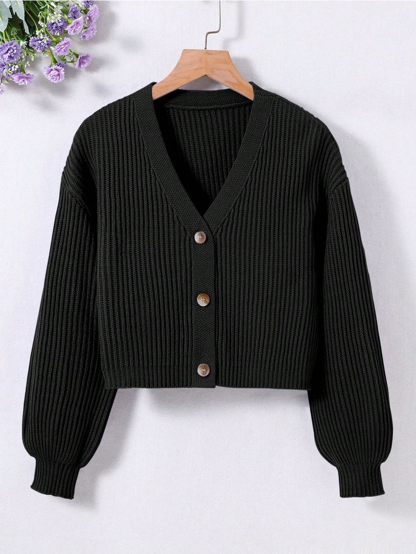 Big Girls' Black V-neck Long Sleeve Cardigan With Buttons