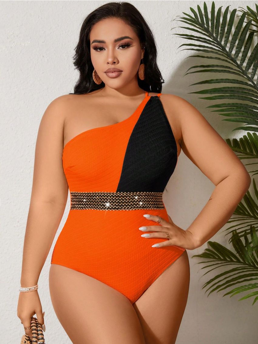 SHEIN Swim Vcay Plus Size Women'S Color Block Spaghetti Strap Monokini With Woven Belt
