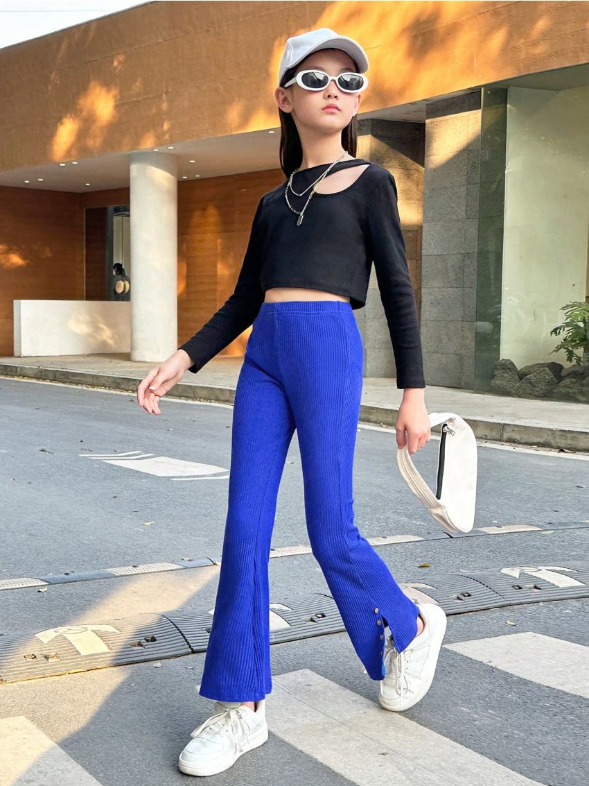 SHEIN Tween Girls Solid Color Flared Pants With Slits
