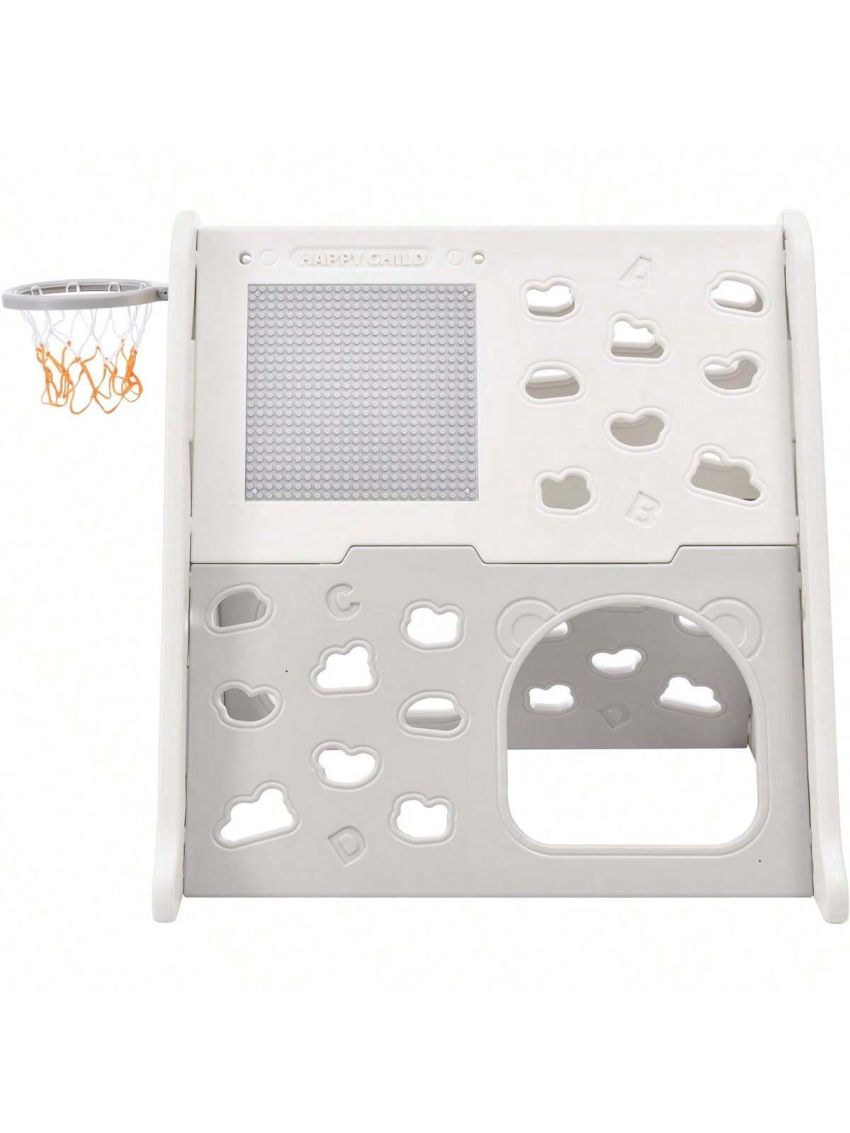 Merax 5-in-1 Toddler Climber Basketball Hoop Set Kids Playground Climber Playset with Tunnel, Climber, Whiteboard,Toy Building Block Baseplates, Combination for Babies