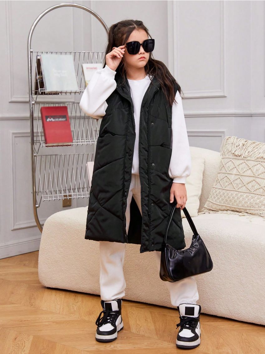 SHEIN Tween Girl 1pc Zipper Front Hooded Vest Puffer Coat
