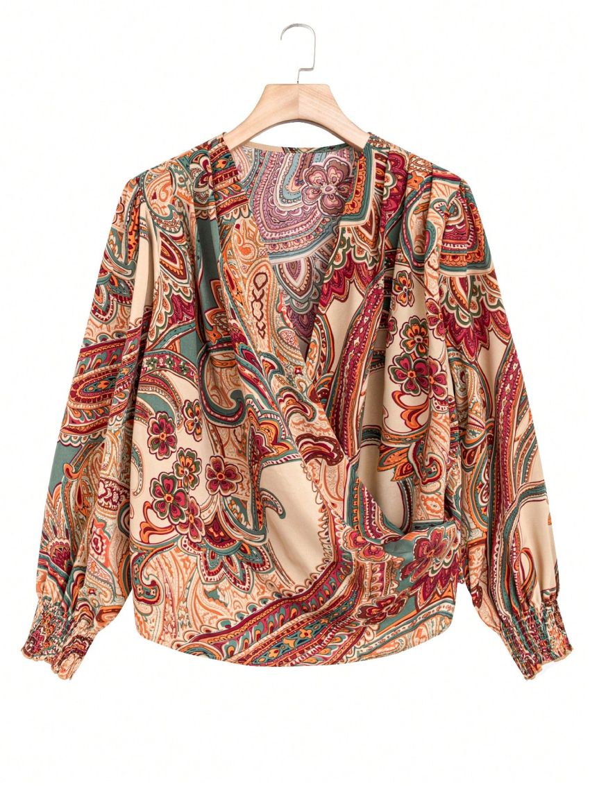 SHEIN LUNE Plus Size Full Printed Long Sleeve Wrap Blouse