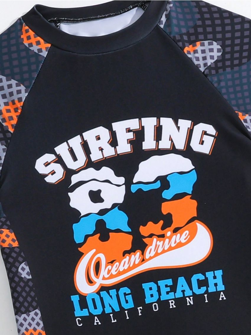 Big Boys' Camouflage Printed Swimsuit With Raglan Sleeves, Two Pieces