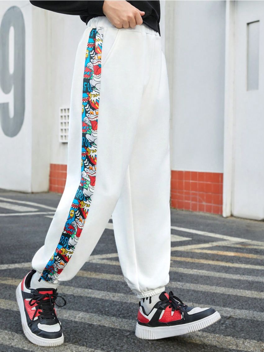 SHEIN Boys' Casual Printing Patchwork Loose Sweatpants With Elastic Cuffs