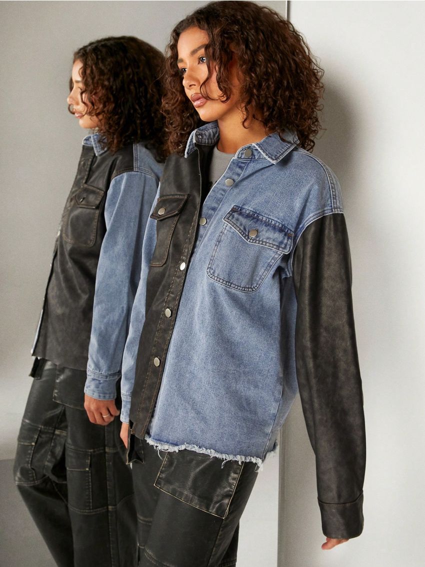 LARAMEE Mixed Media PU Leather Denim Jacket