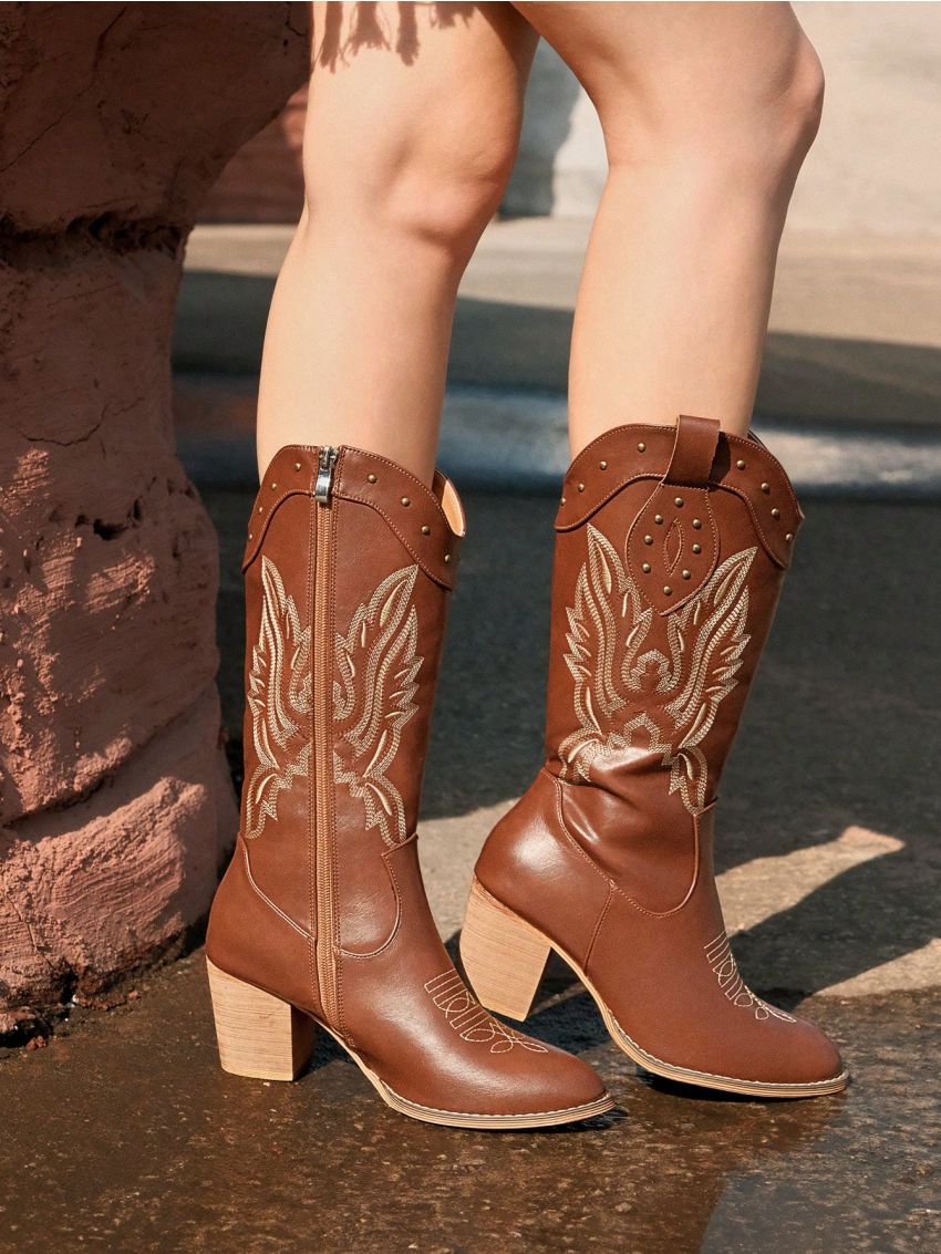 Styleloop Women's Fashion Block Heels Embroidery Chunky Duck Boots